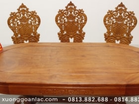 Bộ bàn ăn khuôn tranh bầu dục 6 ghế louis tựa cong gỗ hương đá cao cấp (Anh Tuấn, Hưng Yên) 15 cạnh bàn đục hoa lá tây