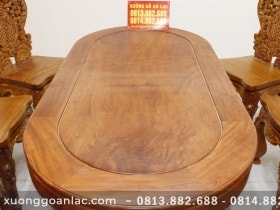 Bộ bàn ăn khuôn tranh bầu dục 6 ghế louis tựa cong gỗ hương đá cao cấp (Anh Tuấn, Hưng Yên) 16 mặt bàn khung tranh gỗ liền