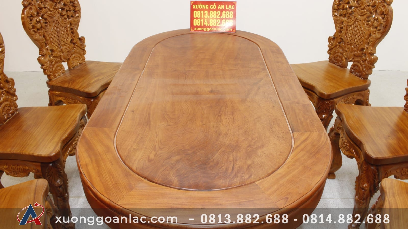 Bộ bàn ăn khuôn tranh bầu dục 6 ghế louis tựa cong gỗ hương đá cao cấp (Anh Tuấn, Hưng Yên) 6 mặt bàn khung tranh gỗ liền