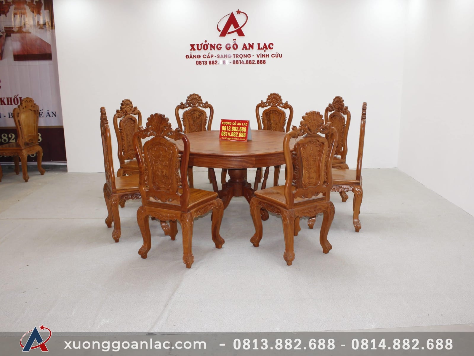 Bộ bàn tròn khuôn tranh gỗ hương đá cao cấp 8 ghế Louis hoa hồng 18 Bàn ăn gỗ hương đá vs 8 ghế Louis hoa hồng