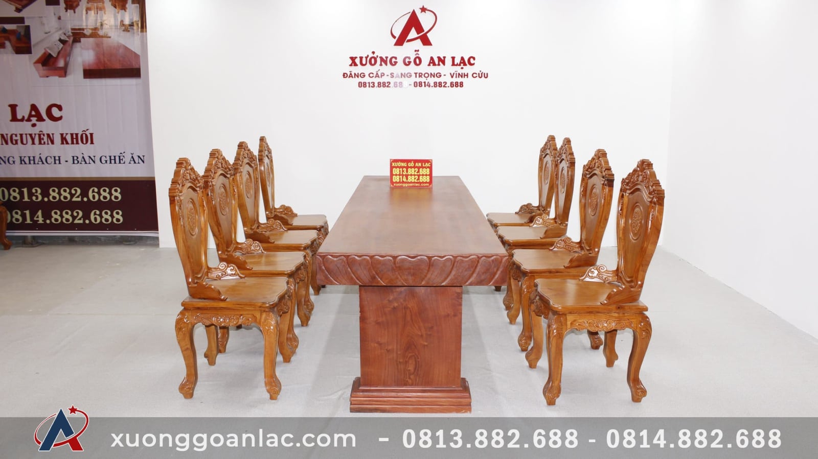 Bàn ăn nguyên khối đục tim 2m84 với 8 ghế Louis hoa lá tây có tay (Anh Tuấn, Đồng Nai) 1 Bàn ăn nguyên khối đục tim 2m84 với 8 ghế Louis hoa lá tây có tay (Anh Tuấn, Đồng Nai)