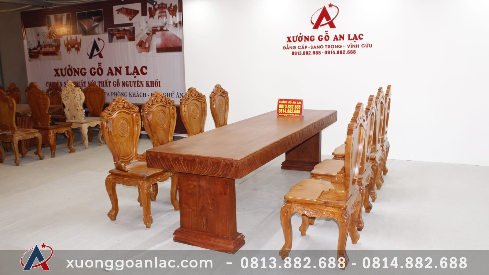 Bàn ăn nguyên khối đục tim 2m84 với 8 ghế Louis hoa lá tây có tay (Anh Tuấn, Đồng Nai) 25 Bộ Bàn gỗ nguyên khối hương đá 8 ghế - Giảm 14tr