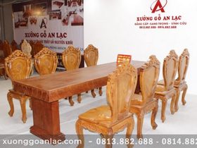 Bàn ăn nguyên khối đục tim 2m84 với 8 ghế Louis hoa lá tây có tay (Anh Tuấn, Đồng Nai) 15 bo ban an huong da hoa la tay 8 ghe 8 scaled