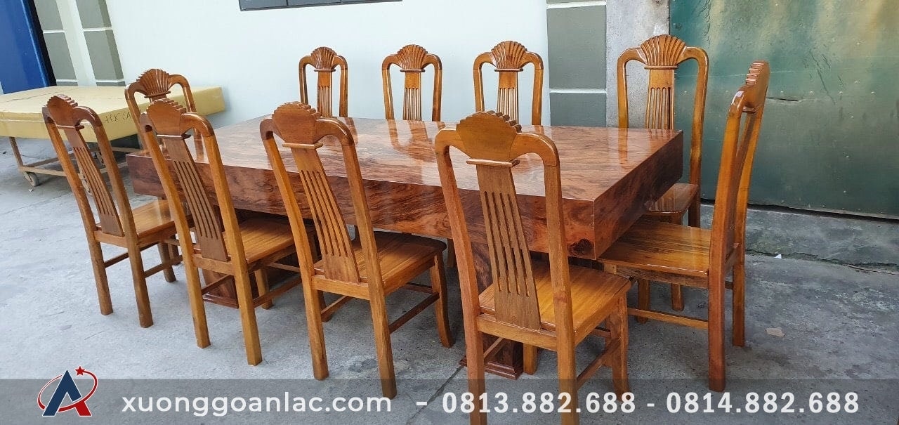 Bộ bàn ăn đóng hộp 10 ghế gỗ hương vân xám(Anh Cẩn, Hà Nội) 4 Bàn ăn đóng hộp hương vân xám