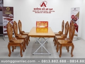 Bàn ăn 6 ghế gõ đỏ mặt bàn nguyên khối
