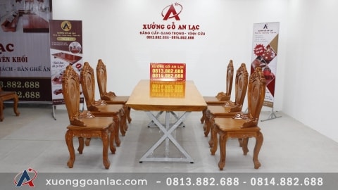 Bàn ăn 6 ghế gõ đỏ mặt bàn nguyên khối