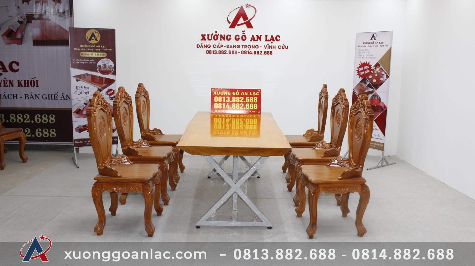 Bộ bàn ăn 6 ghế gõ đỏ mặt bàn nguyên khối 220x85x6cm 1 Bàn ăn 6 ghế gõ đỏ mặt bàn nguyên khối