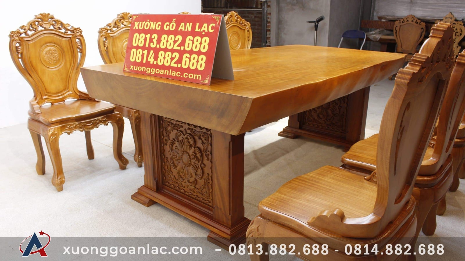 Bộ bàn ăn nguyên khối gỗ cẩm hồng 8 ghế louis có tay gỗ gõ đỏ (Anh Khoa, Trà Vinh) 14 bàn ăn nguyên khối chân bàn rộng