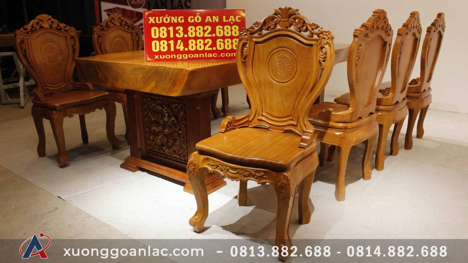 Bộ bàn ăn nguyên khối gỗ gõ đỏ 10 ghế đục hoa lá tây (Anh Hải, Đà Nẵng) 10 Ghế ăn louis có tay nhỏ gỗ gõ đỏ