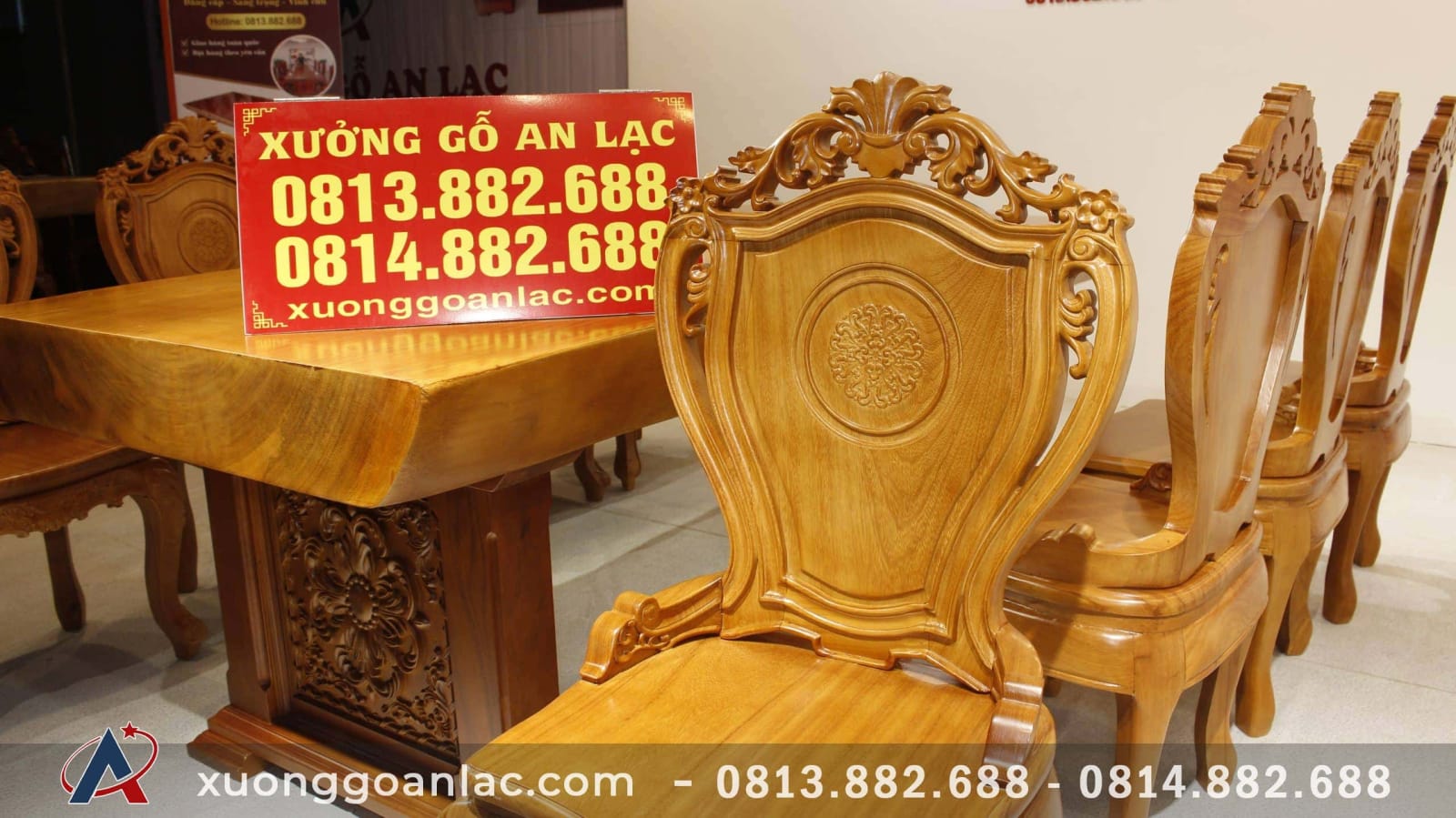 Bộ bàn ăn 6 ghế gõ đỏ mặt bàn nguyên khối 220x85x6cm 15 Tựa liền 1 tấm dày 1,5cm