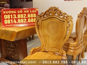 Bộ bàn ăn nguyên khối gỗ cẩm hồng 8 ghế louis có tay gỗ gõ đỏ (Anh Khoa, Trà Vinh) 28 ghế tựa gỗ gõ đỏ