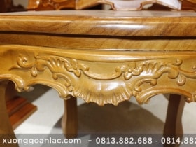 Bộ bàn ăn 6 ghế gõ đỏ mặt bàn nguyên khối 220x85x6cm 27 yếm ghế cũng được đục sắc nét