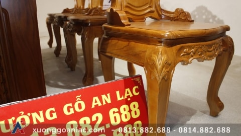 Bộ bàn ăn tròn nguyên khối 8 ghế gỗ gõ đỏ đục hoa lá tây (Chị Thủy, Vinhomes Times City) 14 chân và yếm hồi ghế gõ đỏ