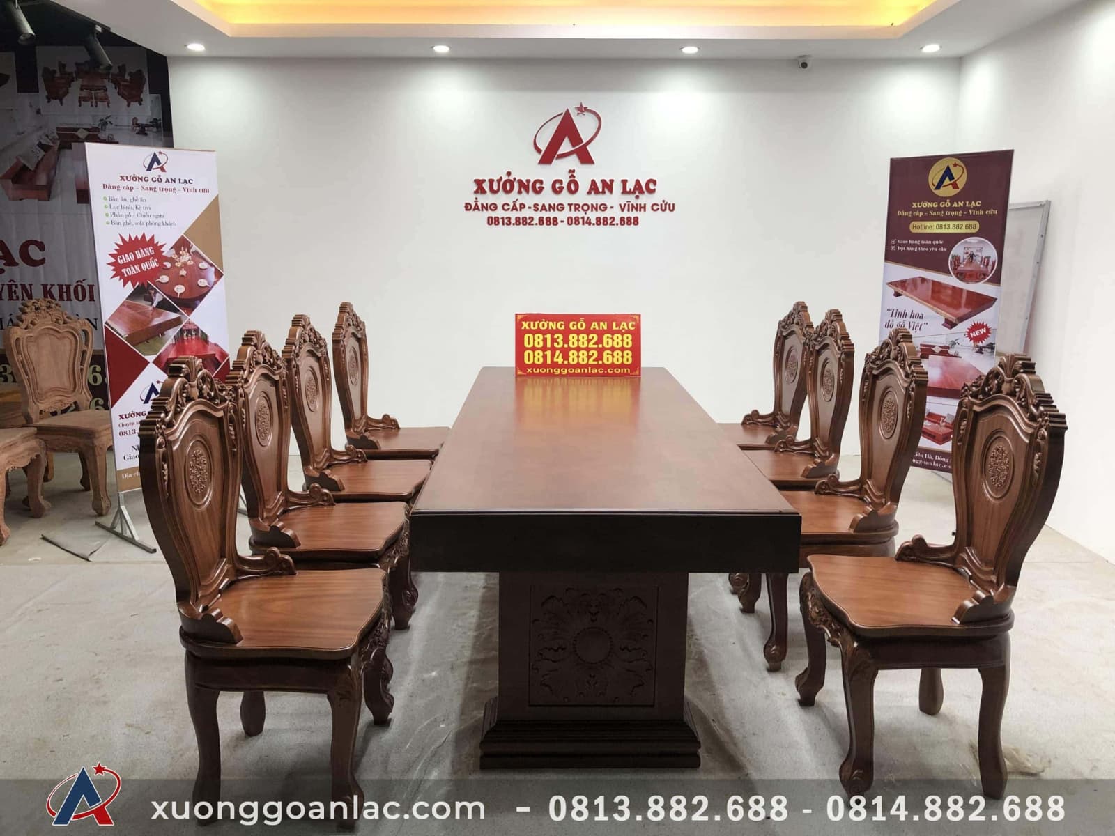 Bộ bàn ghế ăn nguyên khối gỗ gõ đỏ 8 ghế louis (Anh Tuấn, Lương Sơn - Hòa Bình) 55 Bộ bàn ghế ăn gõ đỏ nguyên khối