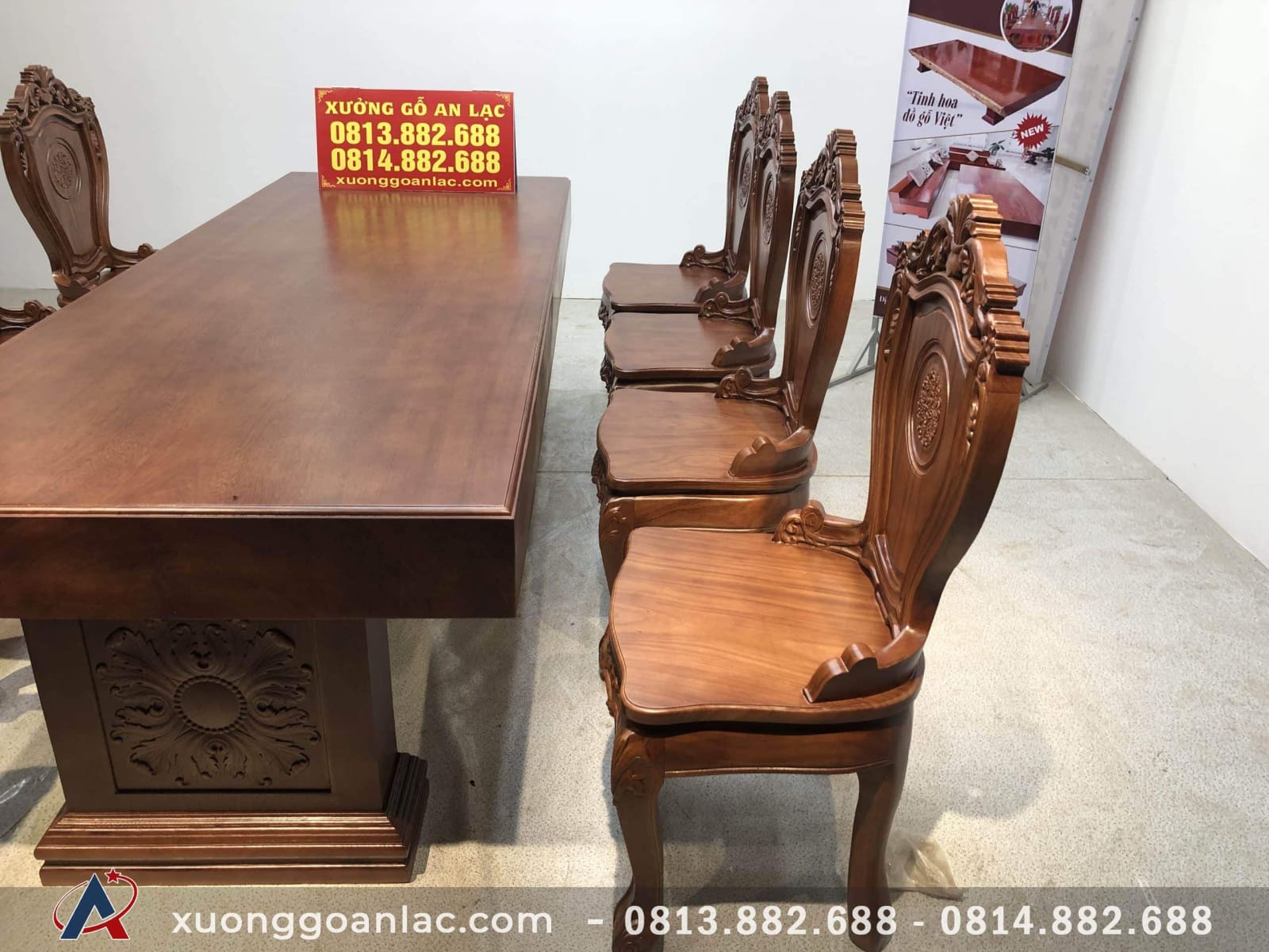 Bộ bàn ghế ăn nguyên khối gỗ gõ đỏ 8 ghế louis (Anh Tuấn, Lương Sơn - Hòa Bình) 15 ghế ăn gỗ gõ đỏ