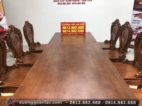 Bộ bàn ghế ăn nguyên khối gỗ gõ đỏ 8 ghế louis (Anh Tuấn, Lương Sơn - Hòa Bình) 36 mặt bàn không lỗi phu màu giả óc chó siêu sang