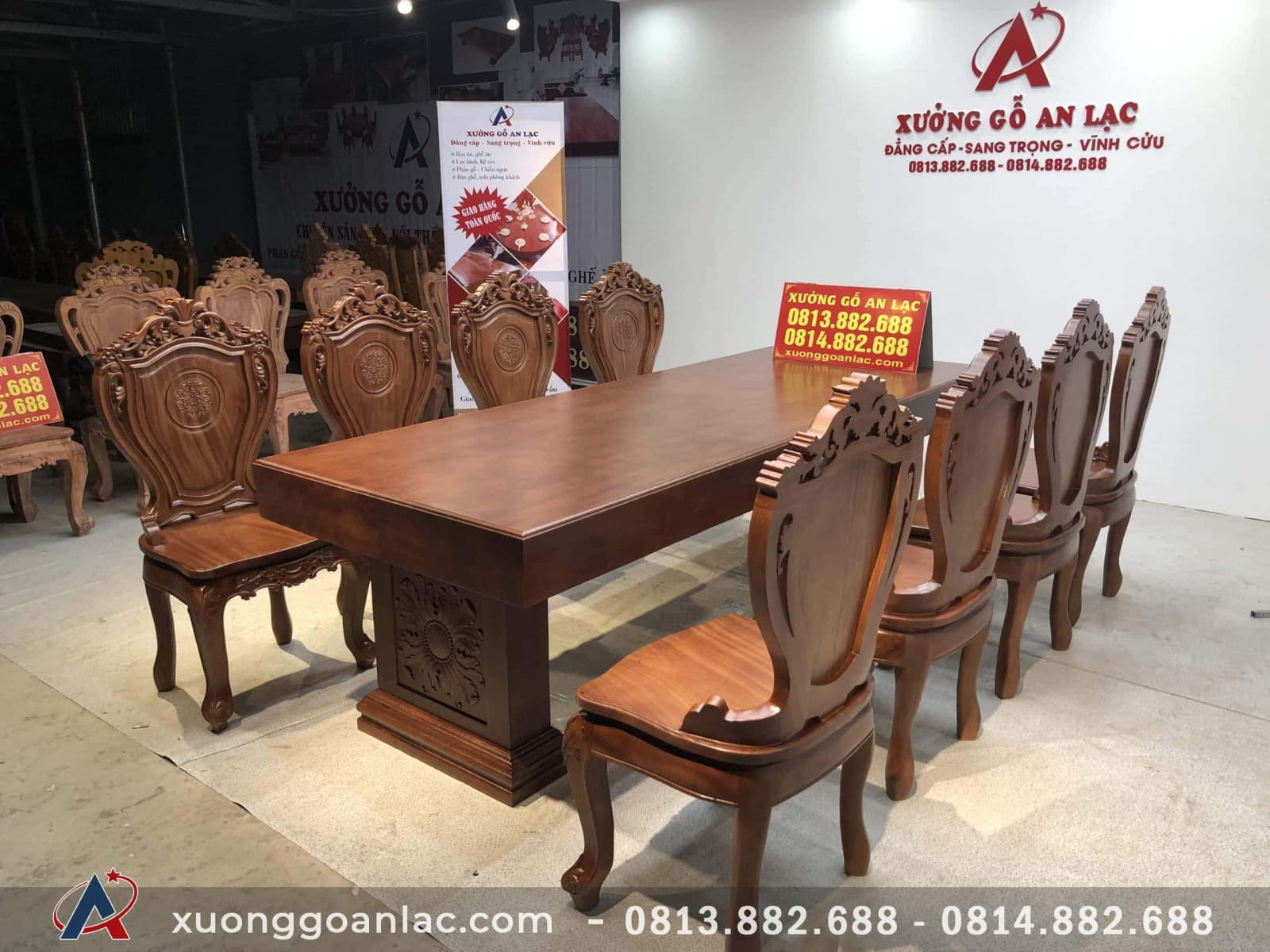 Bộ bàn ghế ăn nguyên khối gỗ gõ đỏ 8 ghế louis (Anh Tuấn, Lương Sơn - Hòa Bình) 10 bộ bàn ăn cao cấp