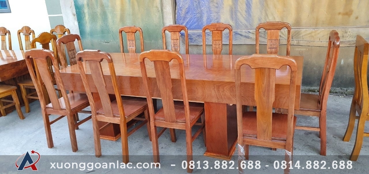 Bộ bàn ăn đóng hộp gỗ gõ đỏ 10 ghế (Cô Thúy, Hòa Bình) 10 bàn ăn gỗ gõ đỏ ghế chữ thọ vuông