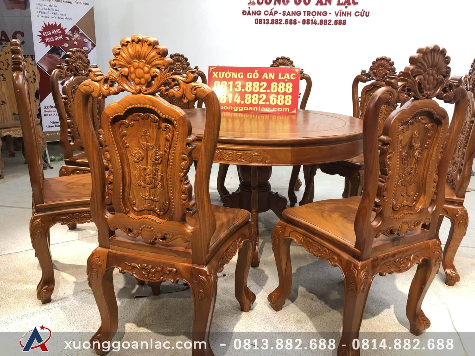 Bộ bàn ăn 8 ghế louis hồng hạt gỗ gõ đỏ (Chị Huyền, Phú Thọ) 4 bàn tròn vs 8 ghế louis hoa hồng