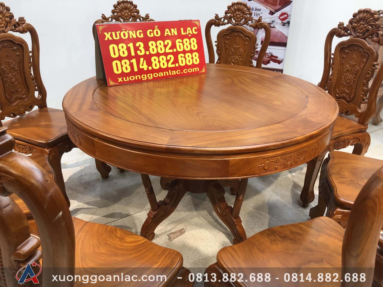Bộ bàn ăn 8 ghế louis hồng hạt gỗ gõ đỏ (Chị Huyền, Phú Thọ) 5 mặt bàn tròn khuôn tranh gõ đỏ