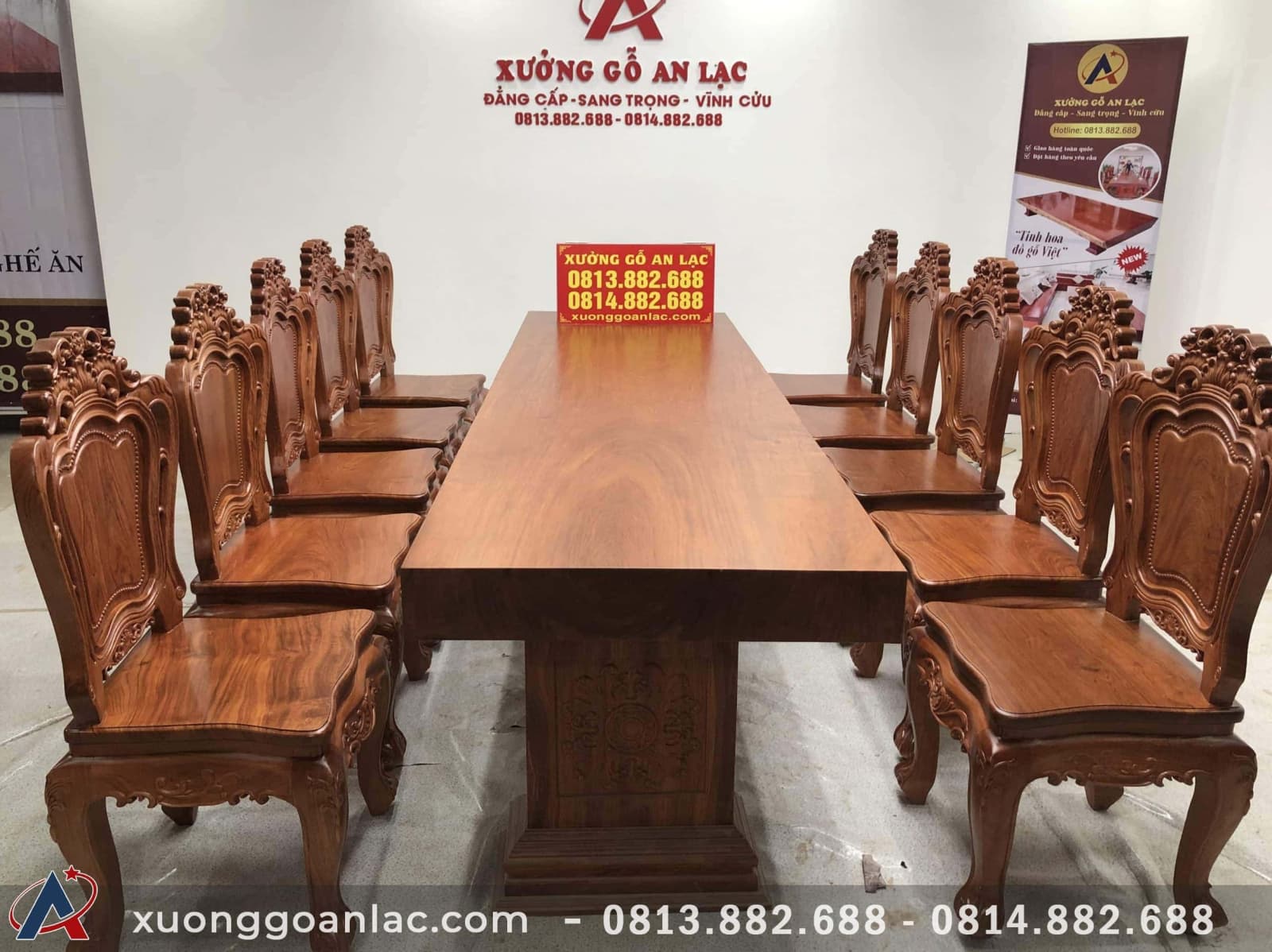 Bộ bàn ăn nguyên khối gỗ hương đá (Anh Tuyền, Hưng Yên) 28 bộ bàn ăn 10 ghế