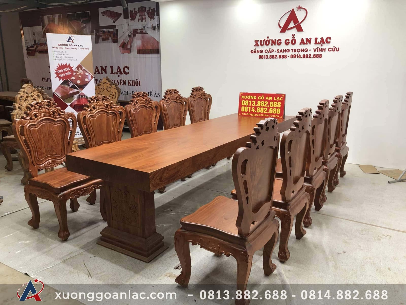 Bộ bàn ăn nguyên khối gỗ hương đá (Anh Tuyền, Hưng Yên) 2 bộ bàn ăn 10 ghế