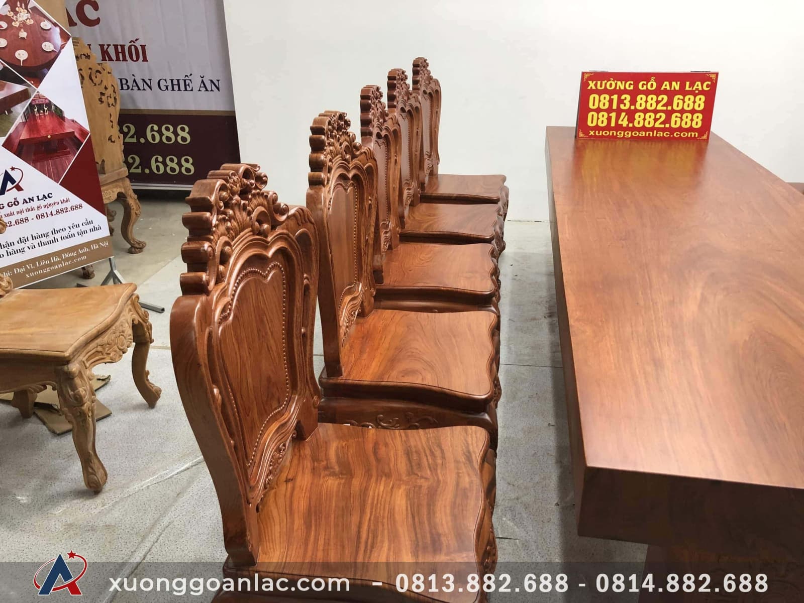 Bộ bàn ăn nguyên khối gỗ hương đá (Anh Tuyền, Hưng Yên) 4 bàn ăn vip