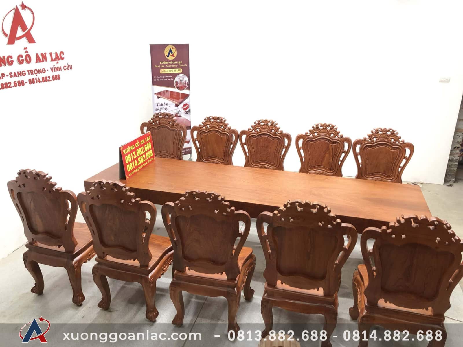 Bộ bàn ăn nguyên khối gỗ hương đá (Anh Tuyền, Hưng Yên) 3 bàn ăn gỗ hương 10 ghế