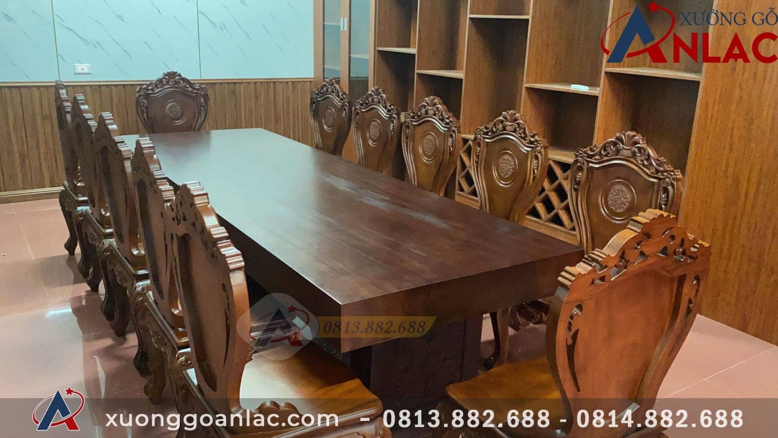 Bộ bàn ăn nguyên khối 12 ghế louis gỗ gõ đỏ siêu Vip (Anh Quyết, Sông Công -Thái Nguyên) 15 bộ bàn ăn 12 ghế