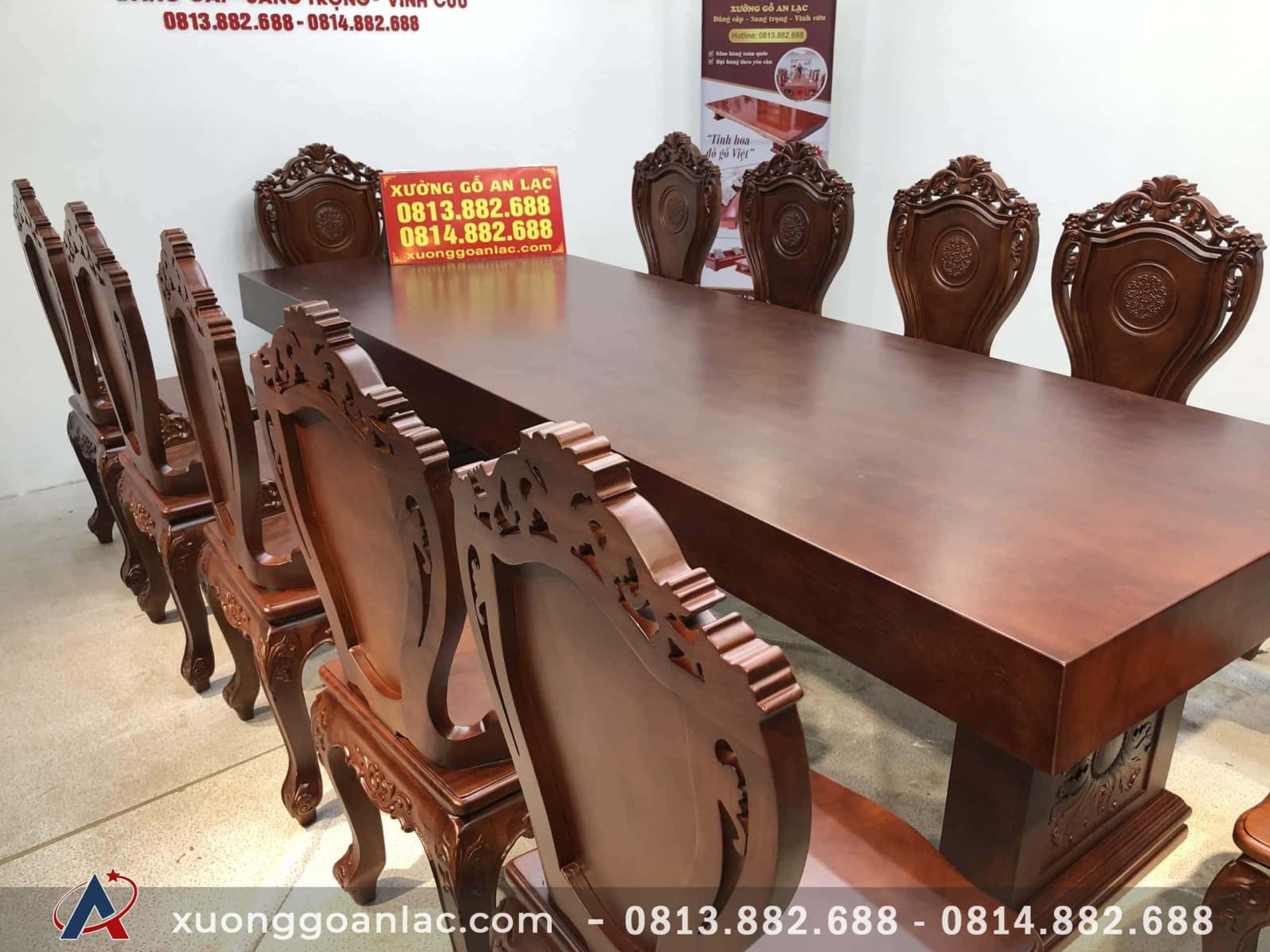 Bộ bàn ăn nguyên khối 12 ghế louis gỗ gõ đỏ siêu Vip (Anh Quyết, Sông Công -Thái Nguyên) 34 bàn ăn gỗ nguyên khối