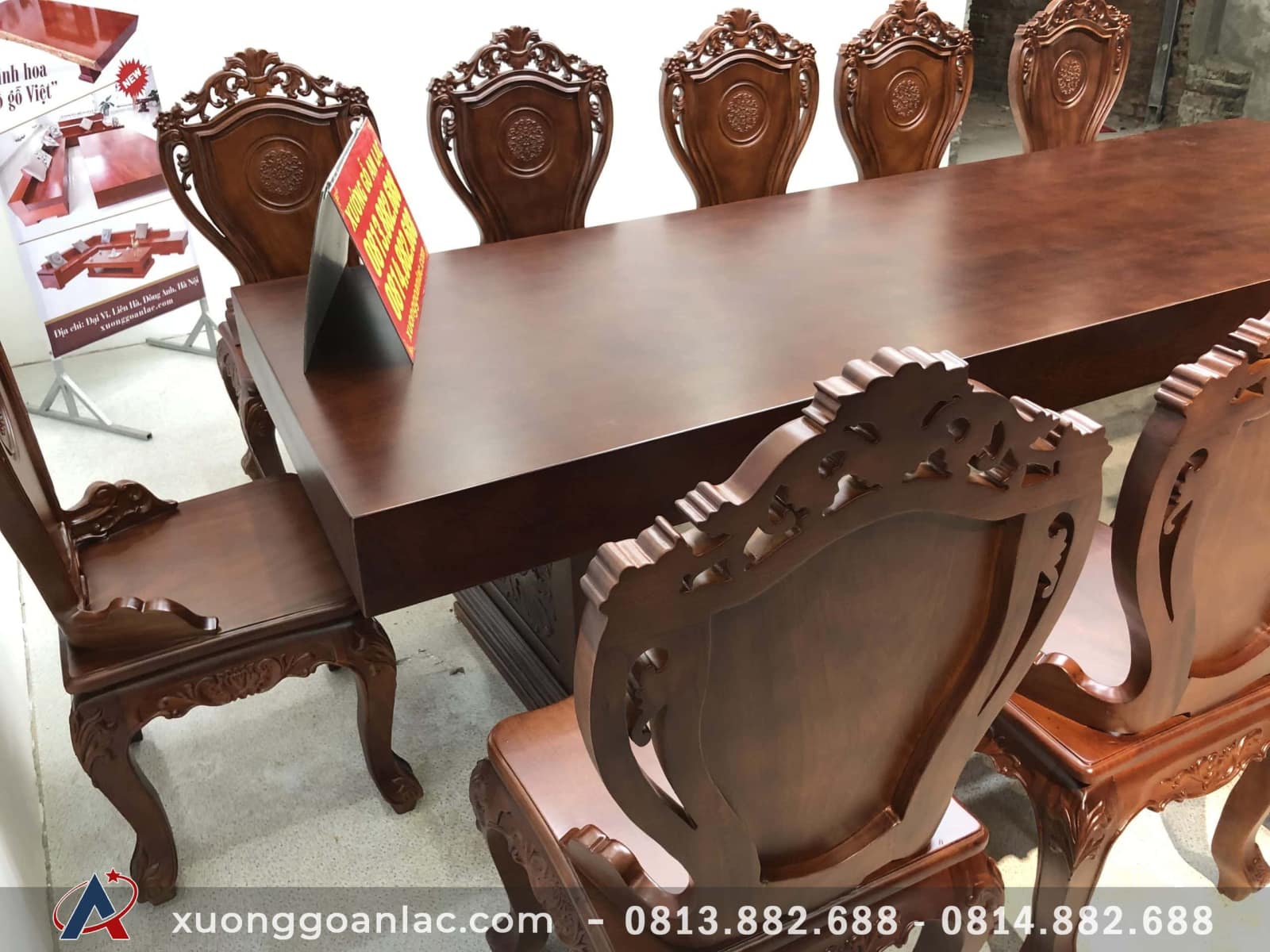 Bộ bàn ăn nguyên khối 12 ghế louis gỗ gõ đỏ siêu Vip (Anh Quyết, Sông Công -Thái Nguyên) 6 bàn ăn gỗ nguyên khối phun màu cẩm
