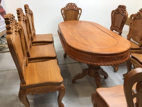 Bộ bàn ăn oval 8 ghế gỗ gõ đỏ cao cấp (Anh Liêm, Bắc Giang) 22 bàn ghế gỗ gõ đỏ
