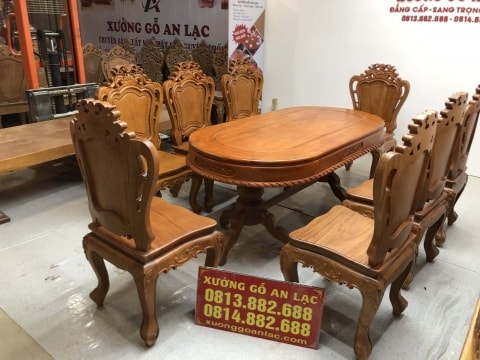 Bàn ăn gõ đỏ ovan 8