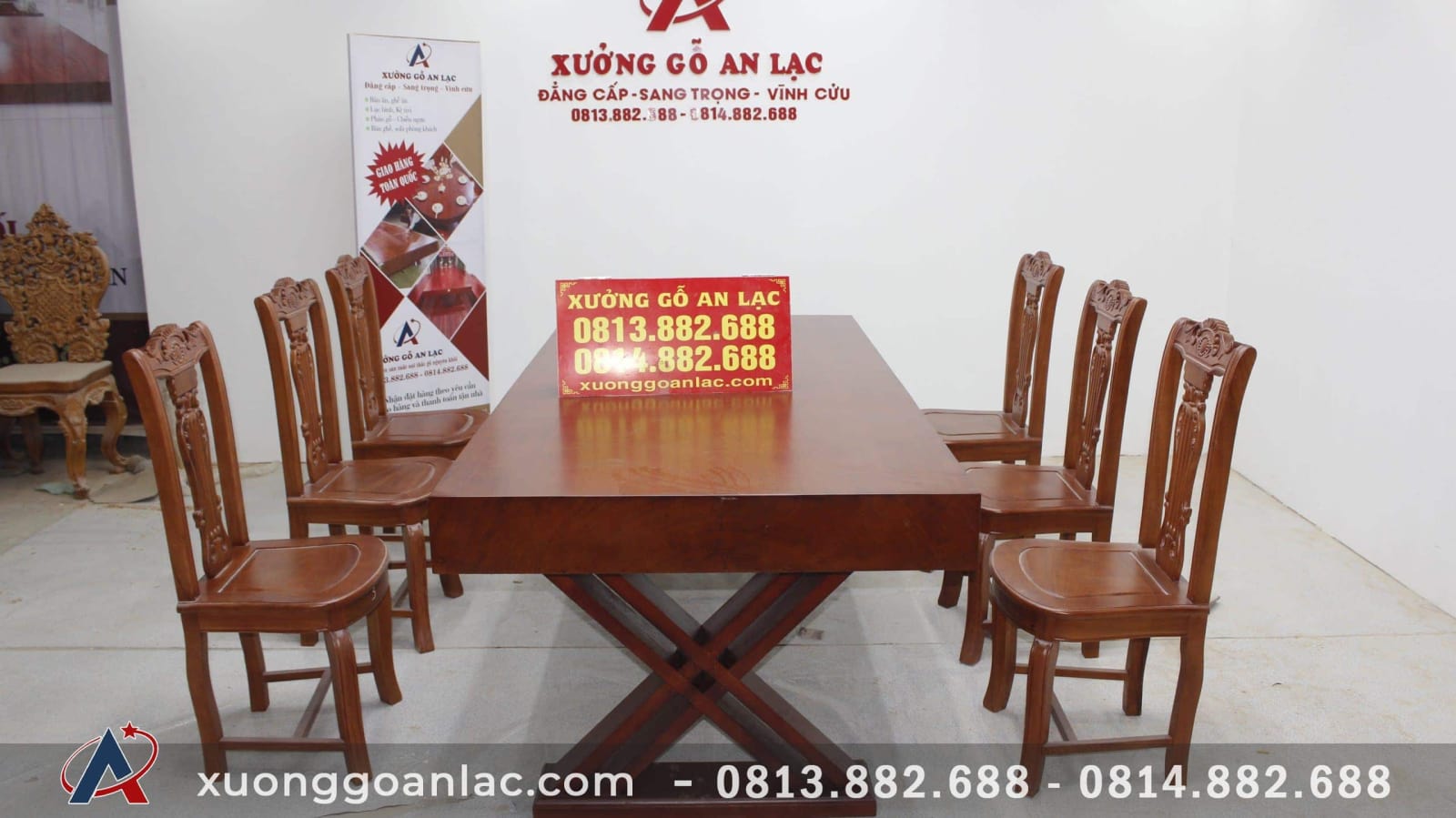 Bàn ăn nguyên khối gỗ gõ đỏ với 6 ghế cây đàn (Anh Nam, Hải Dương) 14 Bộ bàn ăn nguyên khối gỗ gõ đỏ 6