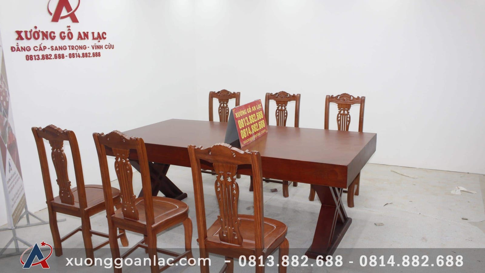 Bàn ăn nguyên khối gỗ gõ đỏ với 6 ghế cây đàn (Anh Nam, Hải Dương) 18 bộ bàn ăn 6 ghế