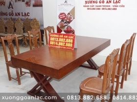 Bàn ăn nguyên khối gỗ gõ đỏ với 6 ghế cây đàn (Anh Nam, Hải Dương) 12 bộ bàn ăn cây đàn