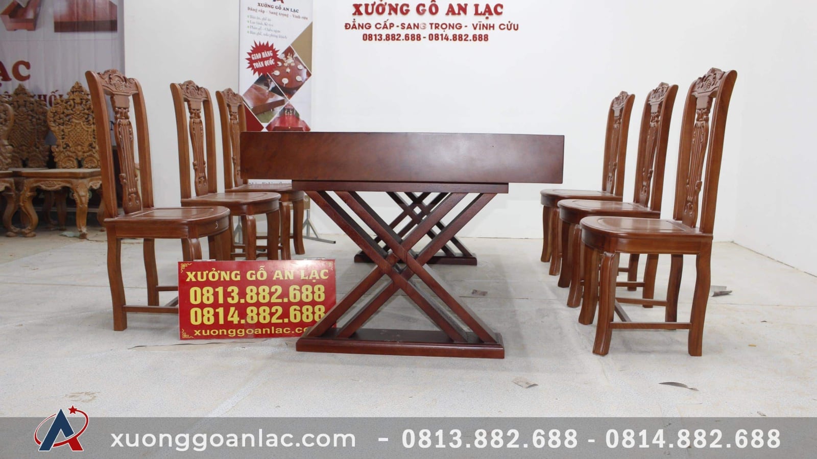 Bàn ăn nguyên khối gỗ gõ đỏ với 6 ghế cây đàn (Anh Nam, Hải Dương) 17 mẫu bàn ăn chân X