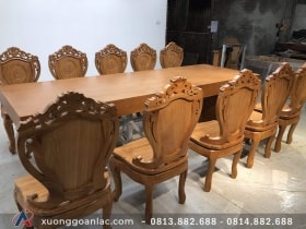 Bộ bàn ăn nguyên khối gỗ gõ đỏ 10 ghế louis siêu sang (Anh Bắc, Hà Giang) 13 bộ bàn 10 ghế nguyên khối