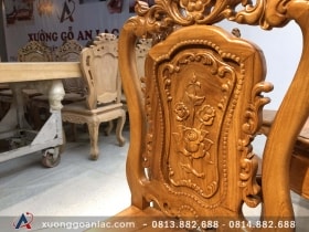 Bộ bàn ăn gỗ gõ đỏ 6 ghế Louis hoa hồng (Anh Hoàn, Thái Bình) 15 lưng ghế louis hồng hạt