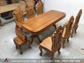 Bộ bàn ăn gỗ gõ đỏ 6 ghế Louis hoa hồng (Anh Hoàn, Thái Bình) 12 bộ bàn ăn 6 ghế sang trọng
