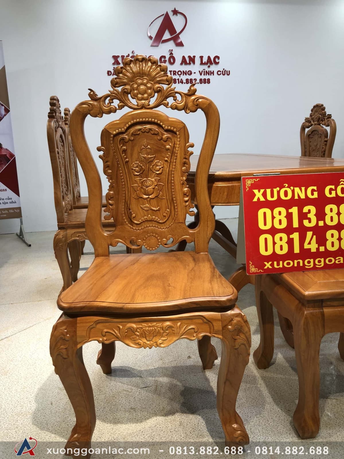 Bộ bàn ăn gỗ gõ đỏ 6 ghế Louis hoa hồng (Anh Hoàn, Thái Bình) 7 ghế hoa hồng 1