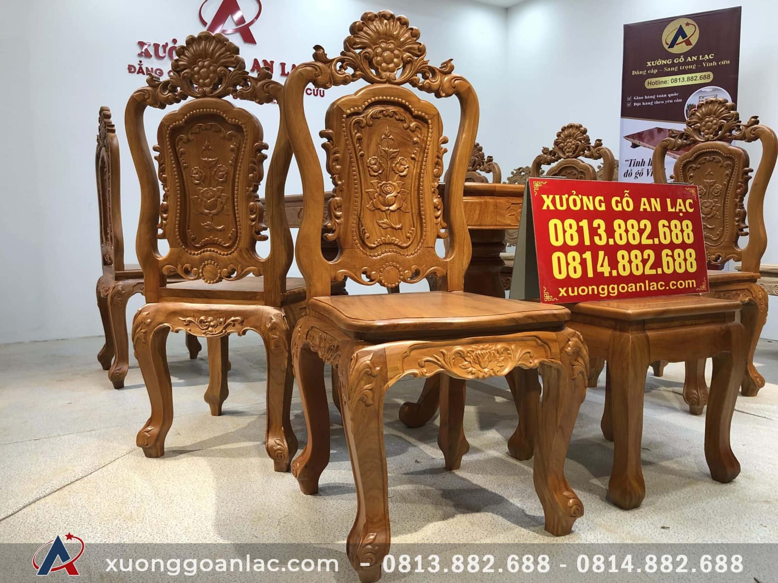 Bộ bàn ăn gỗ gõ đỏ 6 ghế Louis hoa hồng (Anh Hoàn, Thái Bình) 6 ghế lưng cao