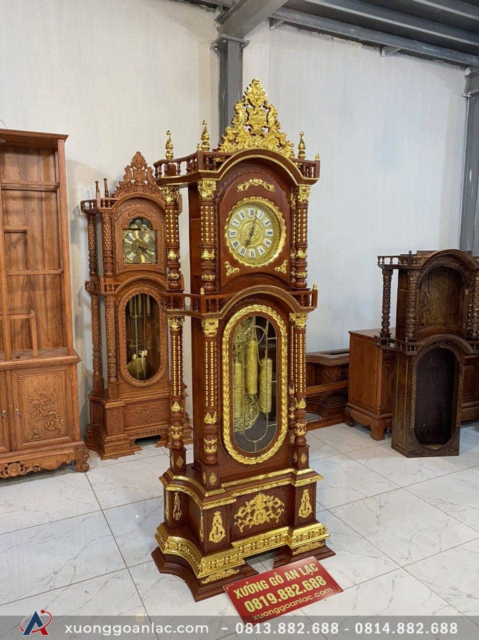 Đồng Hồ Tứ Trụ dát vàng Gỗ Hương Đá 2m30 (anh Văn - TP. Vinh) 4 Đồng hồ tứ trụ gỗ hương đá mạ vàng