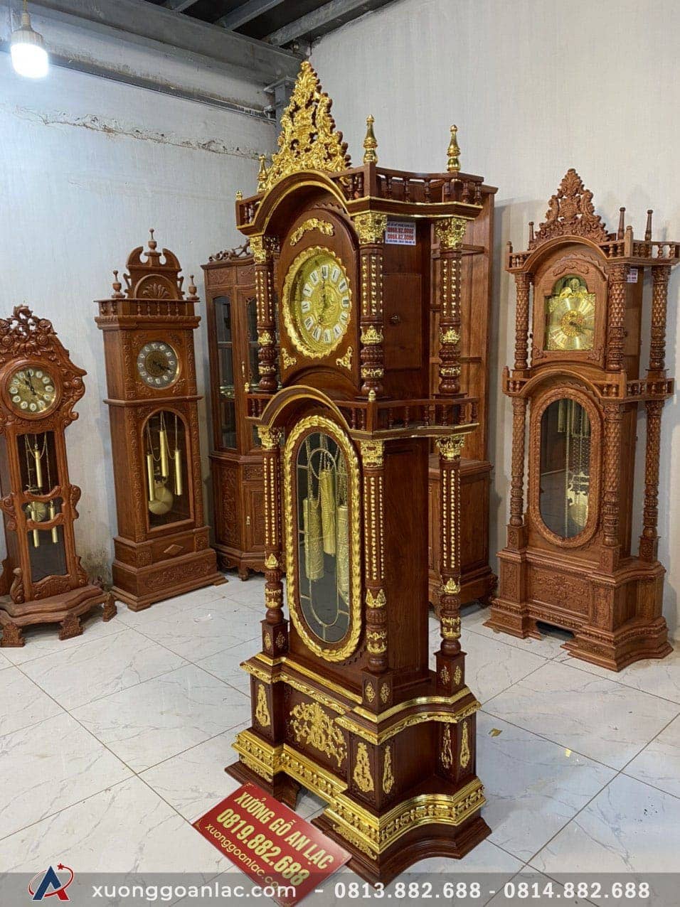 Đồng Hồ Tứ Trụ dát vàng Gỗ Hương Đá 2m30 (anh Văn - TP. Vinh) 5 Đồng hồ gỗ hương đá mạ vàng vip