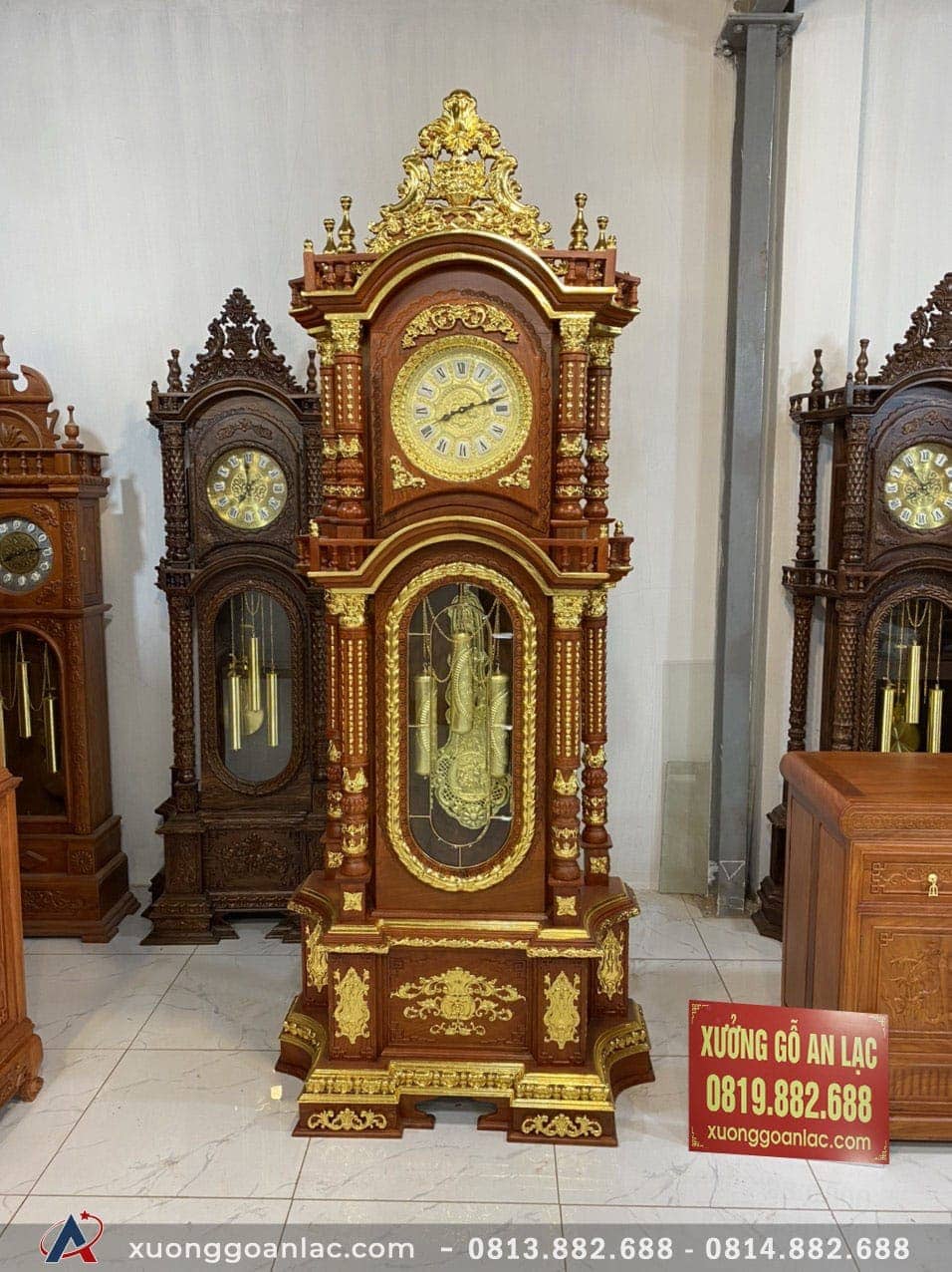 Đồng Hồ Tứ Trụ dát vàng Gỗ Hương Đá 2m50 (Chú Bảo – Hải Dương) 1 đòng hồ mạ vàng 2m50