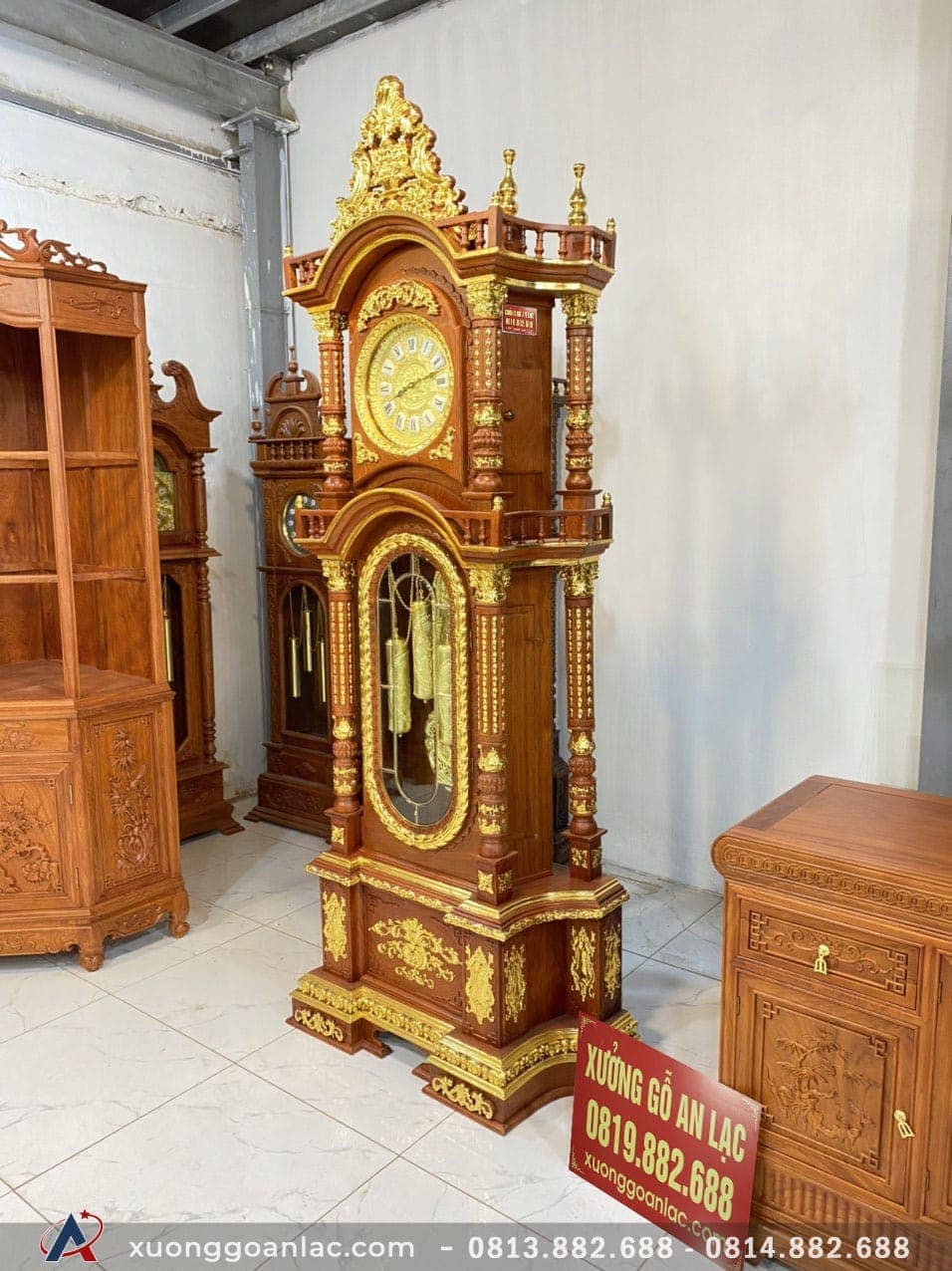 Đồng Hồ Tứ Trụ dát vàng Gỗ Hương Đá 2m50 (Chú Bảo – Hải Dương) 5 tứ trụ mạ vàng siêu đẹp