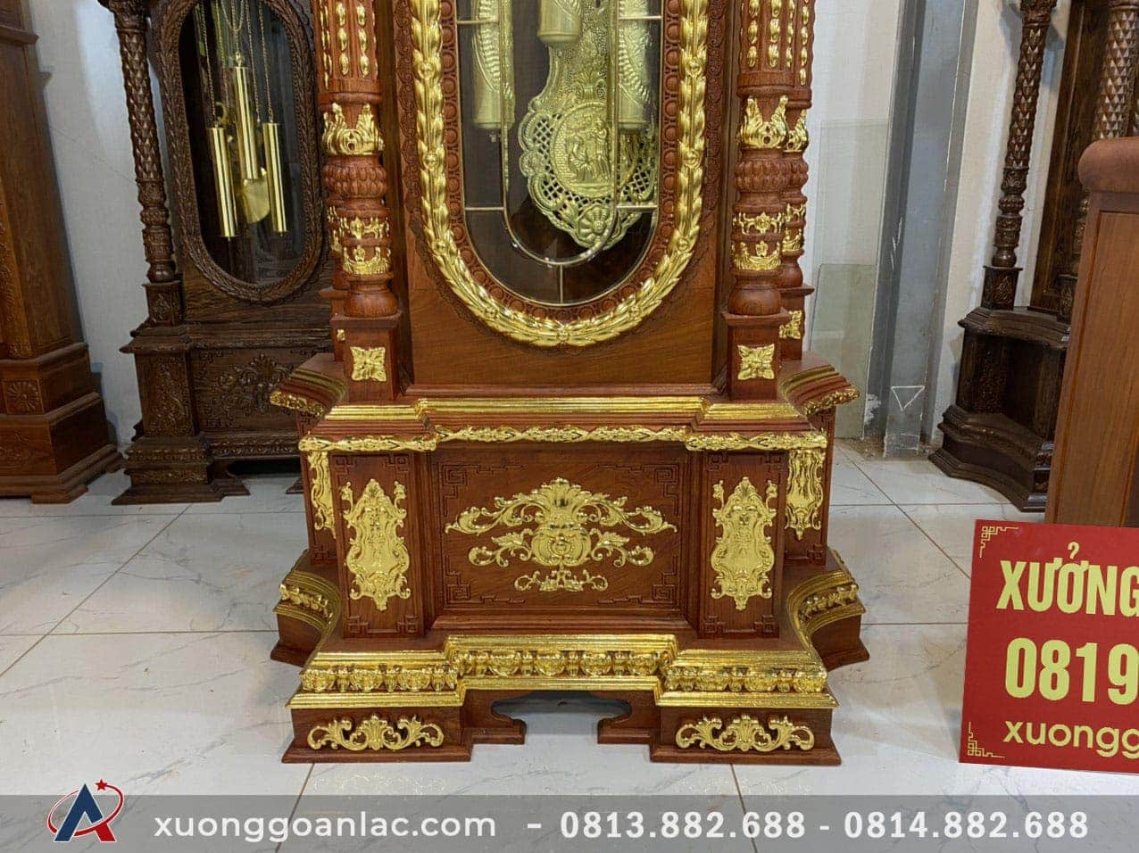 Đồng Hồ Tứ Trụ dát vàng Gỗ Hương Đá 2m50 (Chú Bảo – Hải Dương) 3 các chi tiết mạ vàng nổi bật