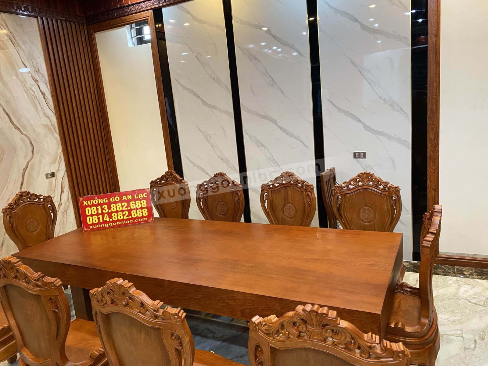 Bộ bàn ăn nguyên khối 10 ghế louis hoa lan tây (Bác Trường, Nam Từ Liêm, Hà Nội) 16 bộ bàn ăn nguyên khối kích thước khủng