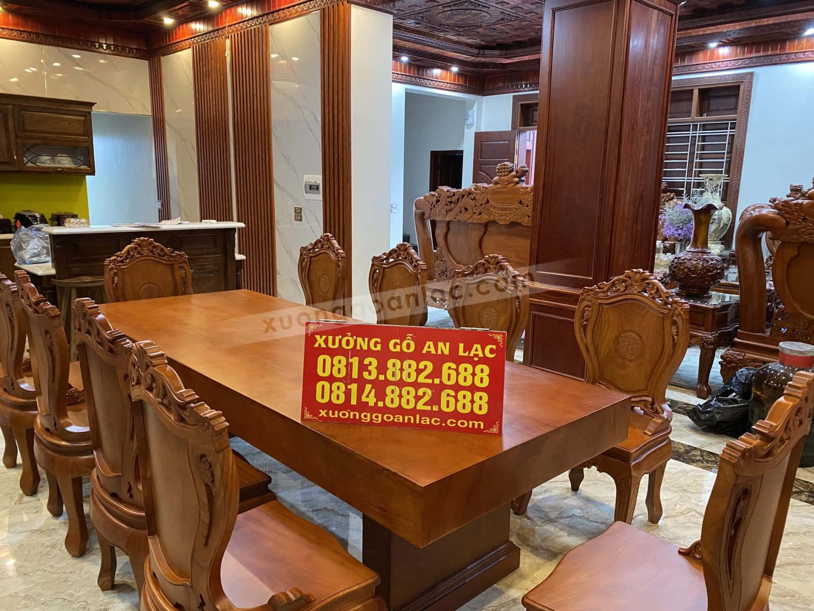Bộ bàn ăn nguyên khối 10 ghế louis hoa lan tây (Bác Trường, Nam Từ Liêm, Hà Nội) 13 bộ bàn ăn gỗ gõ