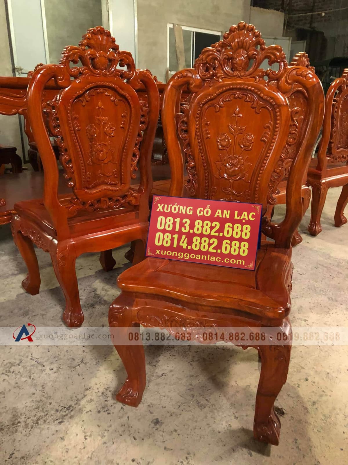 Bộ bàn ăn gỗ gõ đỏ 10 ghế louis hoa hồng đục tay cực đẹp (Anh Công, Tp.Hồ Chí Minh) 25 ghế ăn louis hoa hồng